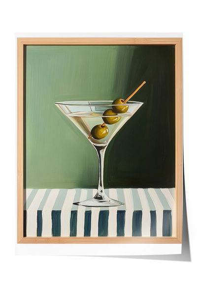 Zestia Плакат без рамка, чаша за мартини, маслини и зелен фон, реалистичен ст...