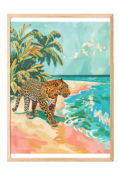 Zestia Tablou înrămat pe lemn, leopard, fundal de plajă tropicală, poster de ...