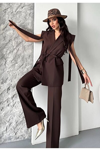 Lovely butik Women's Shoulder Detail Belted Zero Sleeve Vest Pants Double Set