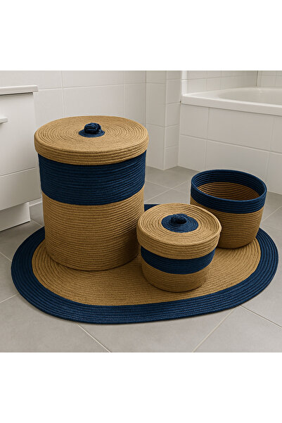Efuliz Home Σετ μπάνιου από γιούτα-ψάθινο μπαμπού σε μπλε ναυτικό χρώμα, Σετ οργάνωσης πλυντηρίου-μακιγιάζ, καλάθι, χαλί - πατάκι