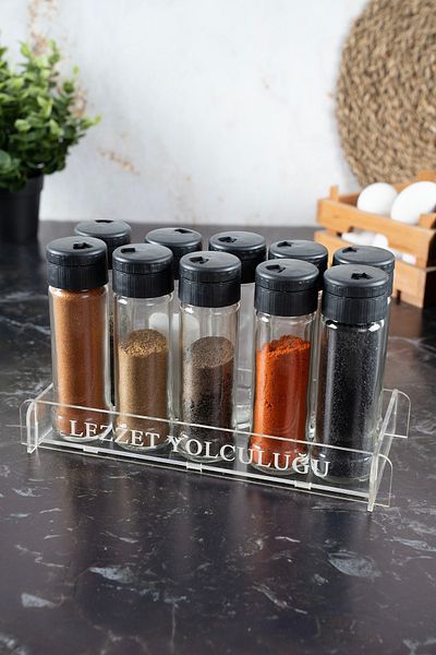 Etka Dizayn Aromis 10-Piece Glass Spice Rack Set – 105 Cc Black Lid + Transparent Acrylic Stand