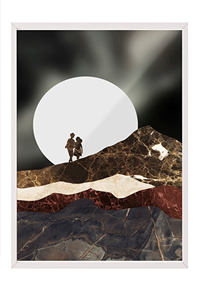 Zestia Tablou înrămat alb, Siluetă de cuplu, Fundal cu lună mare, Poster în s...