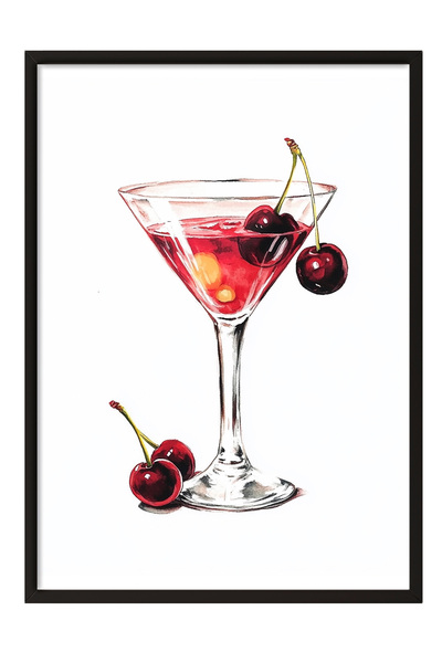 Zestia Tablou înrămat negru, Cocktail cu cireșe, Fundal alb, Poster în stil a...