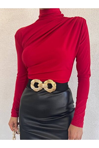 trend_ermege Half-Neck Gathered Sandy Blouse - Red