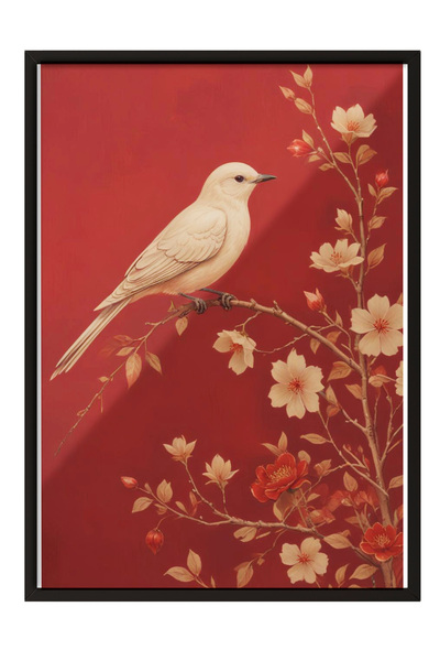 Zestia Siyah Çerçeveli Tablo, Kuş ve Çiçek Deseni, Kırmızı Arka Plan, Minimal...