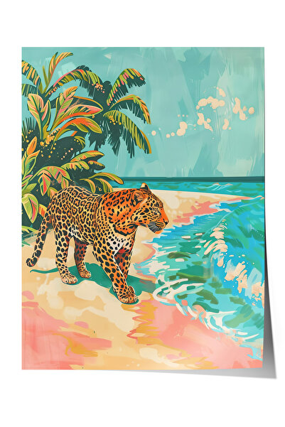 Zestia Poster fără ramă, leopard, fundal de plajă tropicală, poster de artă d...