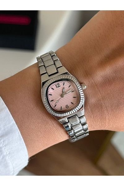 RoseandRoses Celya Square Case Serrated Bezel Women Wrist Watch Silver (Pink Dial)