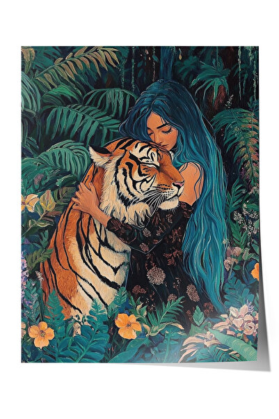 Zestia Poster fără ramă, Tigru și Femeie, Pădure Tropicală, Poster în stil fa...