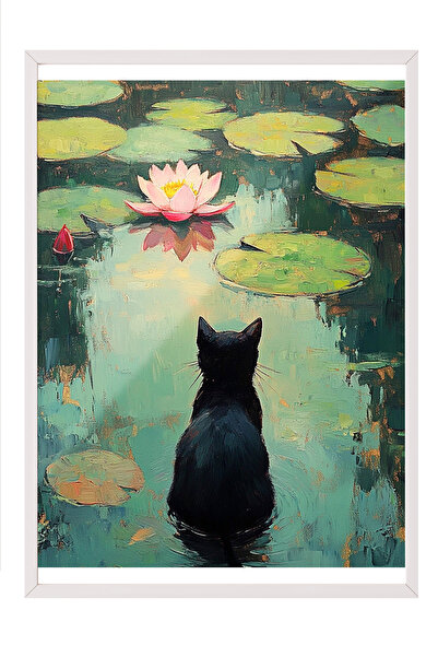 Zestia Tablou înrămat alb, pisică așezată pe frunză de nufăr, poster cu apă î...