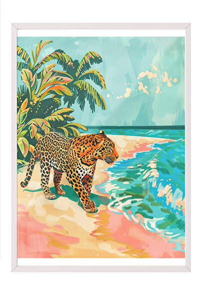 Zestia Картина с бяла рамка, леопард, тропически плаж на заден план, цифров а...