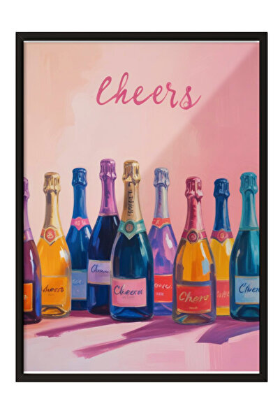 Zestia Παστέλ φόντο αφίσας με μαύρο πλαίσιο, μπουκάλια σαμπάνιας, γράμματα Ch...