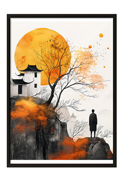 Zestia Tablou cu ramă neagră, peisaj montan, templu japonez, poster în stil c...