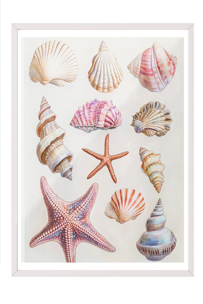 Zestia Tablou înrămat alb, cu valuri în fundal – Scoici colorate și briză mar...