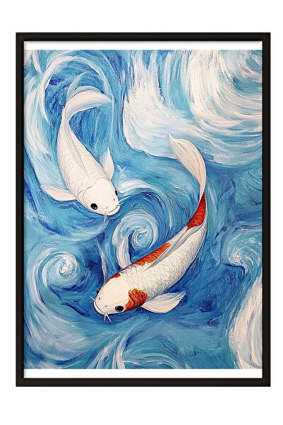 Zestia Tablou înrămat negru, pești Koi, valuri albastre, poster în stil japon...