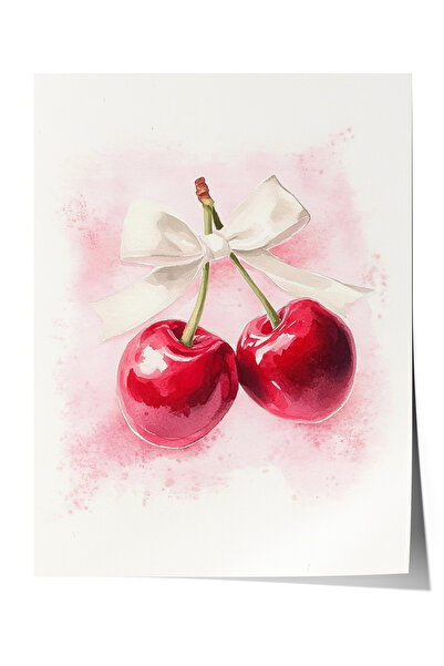 Zestia Плакат без рамка, череши, детайл с бяла панделка, акварелен стил Плака...