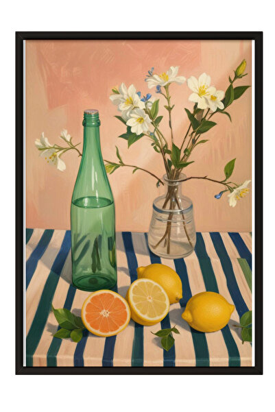 Zestia Картина с черна рамка, стъклени бутилки, детайли с цветя и лимони, пас...