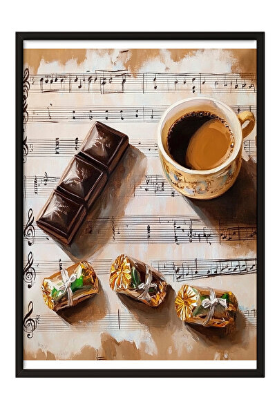 Zestia Картина с черна рамка, чаша кафе, музикални ноти и шоколад, плакат в р...