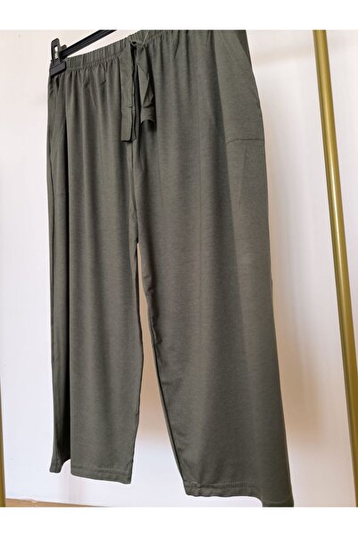 FRESCO SCARFS Pamuklu Viskon Ince Yazlık Cepli Penye Kapri Pijama Pantolon Haki