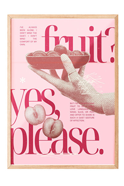 Zestia Tablou cu ramă din lemn, cu textul Fruit Yes Please, cu detaliu cireșe...