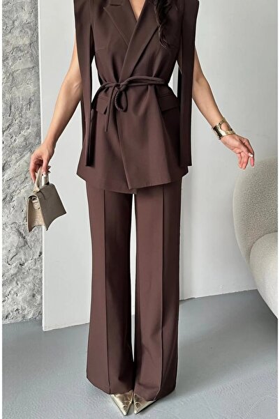 Lovely butik Women's Shoulder Detail Belted Zero Sleeve Vest Pants Double Set