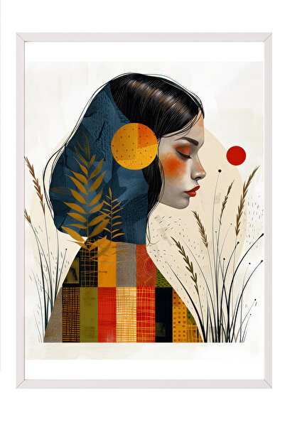 Zestia Tablou înrămat alb, portret de femeie, motiv natură și soare, ilustraț...