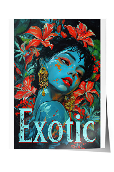 Zestia Poster fără ramă, portret feminin, flori roșii și piele albastră, post...