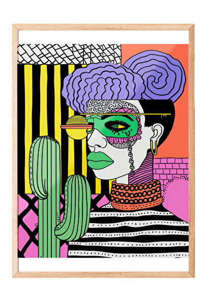 Zestia Tablou înrămat în lemn, portret de femeie, cactuși și geometrie, poste...