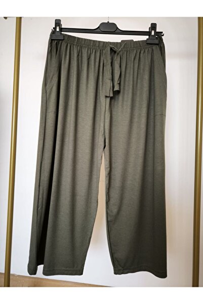 FRESCO SCARFS Pamuklu Viskon Ince Yazlık Cepli Penye Kapri Pijama Pantolon Haki