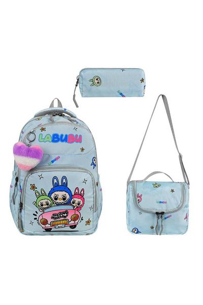 Baginn Set de 3 geanți pentru școală primară Labubu 42*30 cm Cutie de prânz Trusa de creion țesătură ortopedică hidrofugă