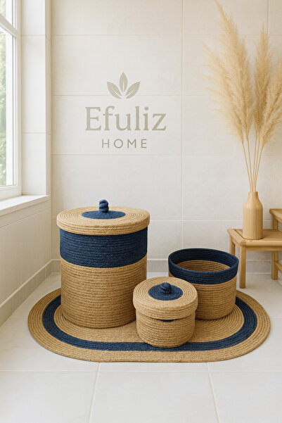 Efuliz Home Σετ μπάνιου από γιούτα-ψάθινο μπαμπού σε μπλε ναυτικό χρώμα, Σετ οργάνωσης πλυντηρίου-μακιγιάζ, καλάθι, χαλί - πατάκι