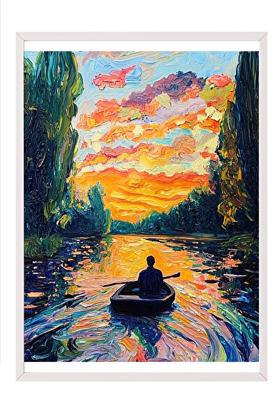 Zestia Tablou înrămat alb, canoe și apus de soare, poster cu peisaj colorat d...