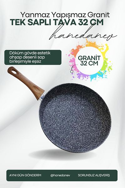 Hanedanev Single Handle Pan 32 cm Granite Single Handle Pan 4 mm Thickness Granite Fireproof Non-Stick