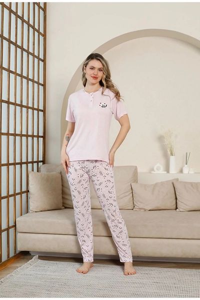 Yağmur Giyim Glisa Pink Front 2 Buttons Viscose Fabric Short Sleeve Pajama Set 5534-P