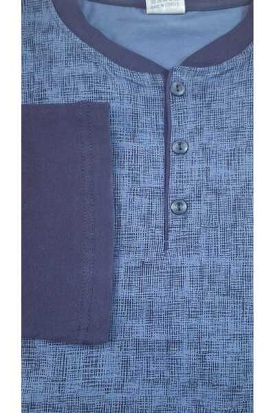 Tarık Men's Combed Cotton Half Button Navy Blue Flatolu Crushed Long Sleeve Pajama Set