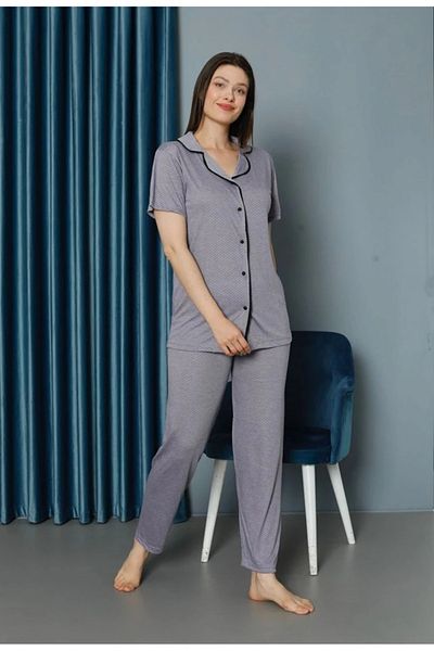 Yağmur Giyim Işilay Lilac Front Button Dotted Viscose Fabric Short Sleeve Pajama Set 15700-L