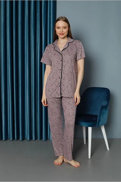 Yağmur Giyim Işilay Dusty Rose Front Button Starry Viscose Fabric Short Sleeve Pajama Set 15638-Gk