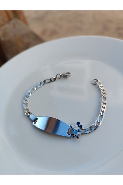 Blotch Name Writable Mickey Detailed Antiallergic Children's Steel Bracelet Imprint