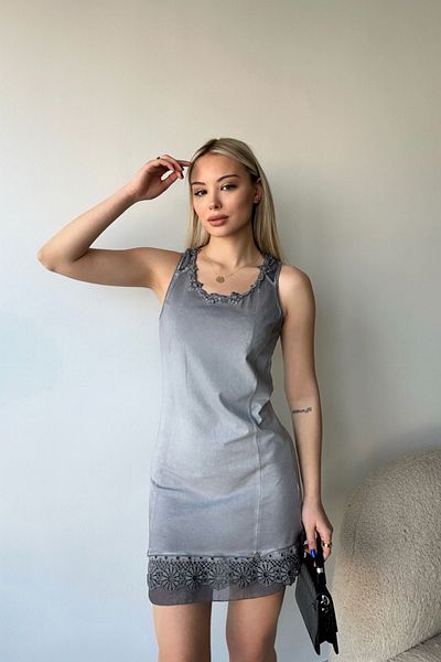 bacc Gray Strap Guipure Detailed Color Gradient Summer Viscose Dress