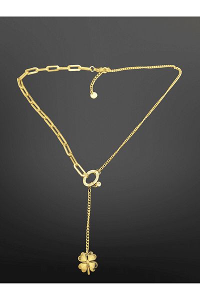 FM Gold Color Lucky Clover Y-Chain Model 316L Steel Necklace - Mixed Chain Trend Design