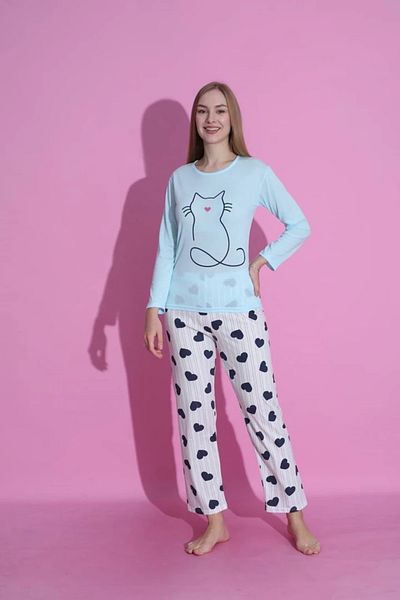 Yağmur Giyim MLALE Kitten Pattern Suprem Fabric Long Sleeve Pajama Set 3408-M