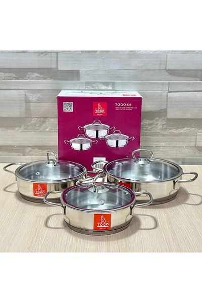 Hanedanev Steel Pot Set 430K Steel Omelette Set 6 Piece Pot Set 16 - 18 - 20 cm Glass Cover