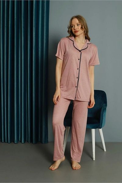 Yağmur Giyim Işilay Dusty Rose Front Button Dot Viscose Fabric Short Sleeve Pajama Set 15700-Gk