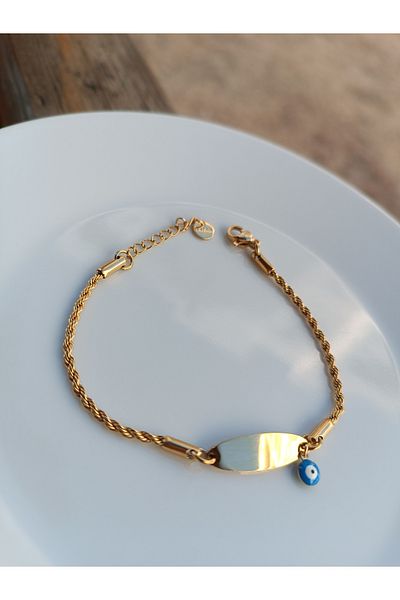 Blotch Name Writable Evil Eye Bead Twist Chain Detailed Antiallergic Children's Steel Bracelet Imprint