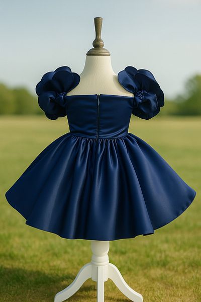 MUSGEM Special Design Navy Blue Flower Detailed Satin Girl's Evening Dress