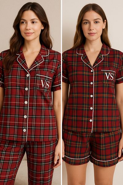 FENZO Women's 2-Piece Check Cotton Viscose Shorts Pajamas Set Short Sleeve Top Short Shorts Bottom Comfortable Homewear