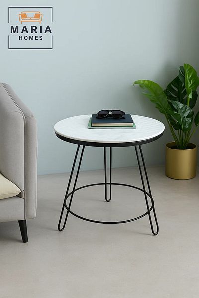 POWEREX طاولة جانبية دائرية كبيرة من السيراميك بسطح أبيض وقاعدة معدنية سوداء - 60×60×60 سم