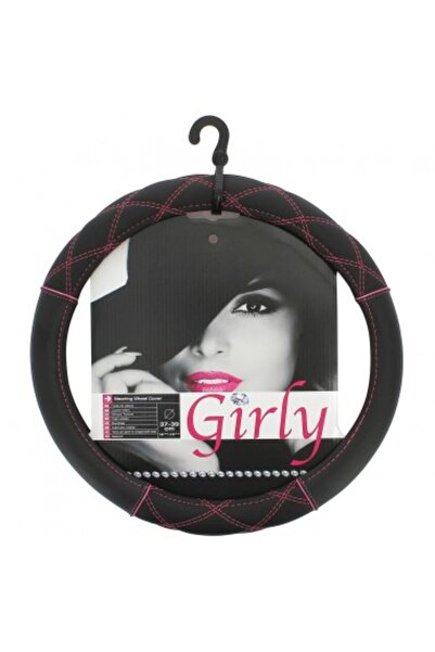 Car Accessories Μαύρο δερμάτινο κάλυμμα τιμονιού με ροζ ραφές 37-39cm