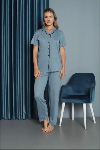 Yağmur Giyim Işilay Blue Front Buttoned Dotted Viscose Fabric Short Sleeve Pajama Set 15700-m