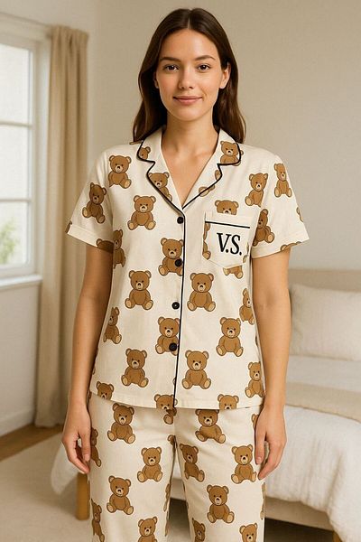 FENZO Cotton Viscose Women's Teddy Bear Pajamas Set Short Sleeve Top Long Sleepwear Bottom Casual Homewear