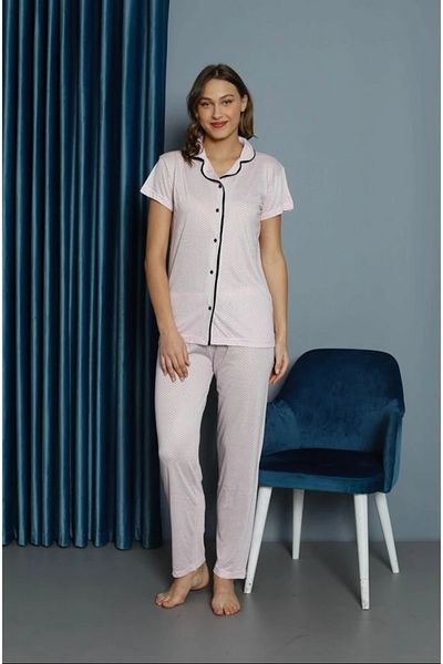 Yağmur Giyim Işilay Salmon Front Button Dot Viscose Fabric Short Sleeve Pajama Set 15700-S
